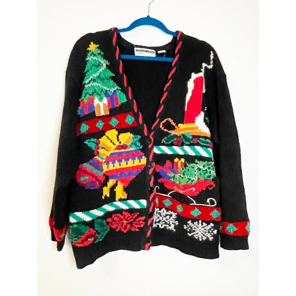 Vintage Jennifer Moore Hand Knit Ugly Christmas Sweater Cardigan XL Holiday